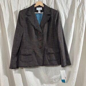 First Issue Liz Claiborne Vintage 90s Blazer Brown Fringe Trim Tweed Size 14 NWT